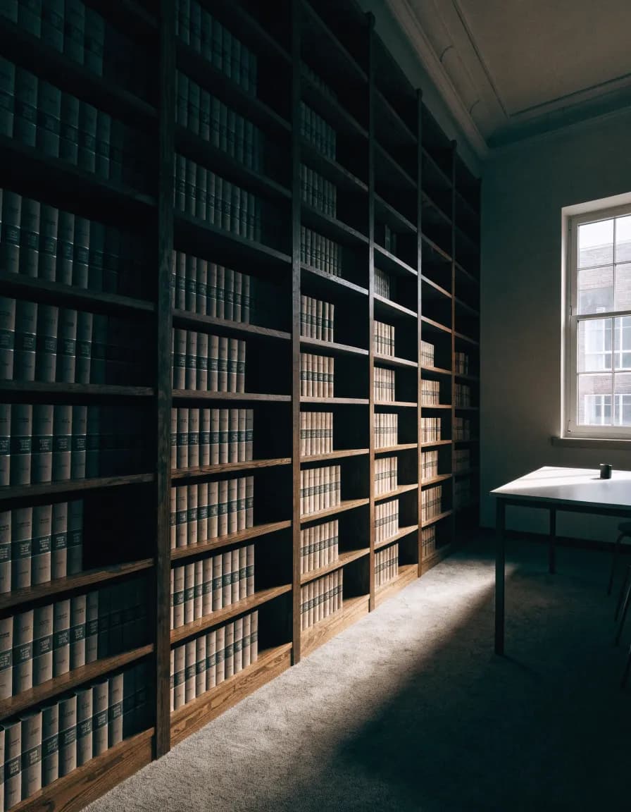 Vue intérieure d'un bureau en lumière naturelle, table de travail nue et cloison vitrée.