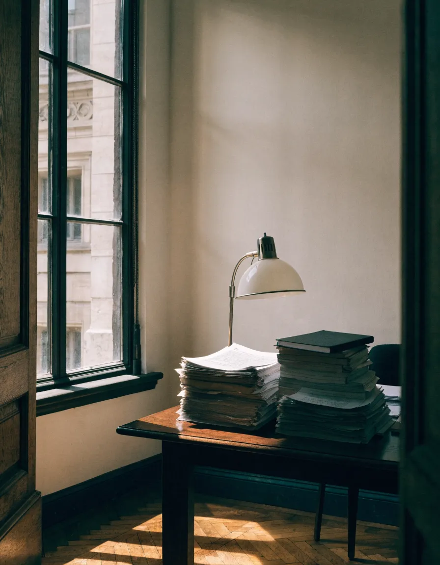 Vue intérieure d'un bureau en lumière naturelle, table de travail nue et cloison vitrée.