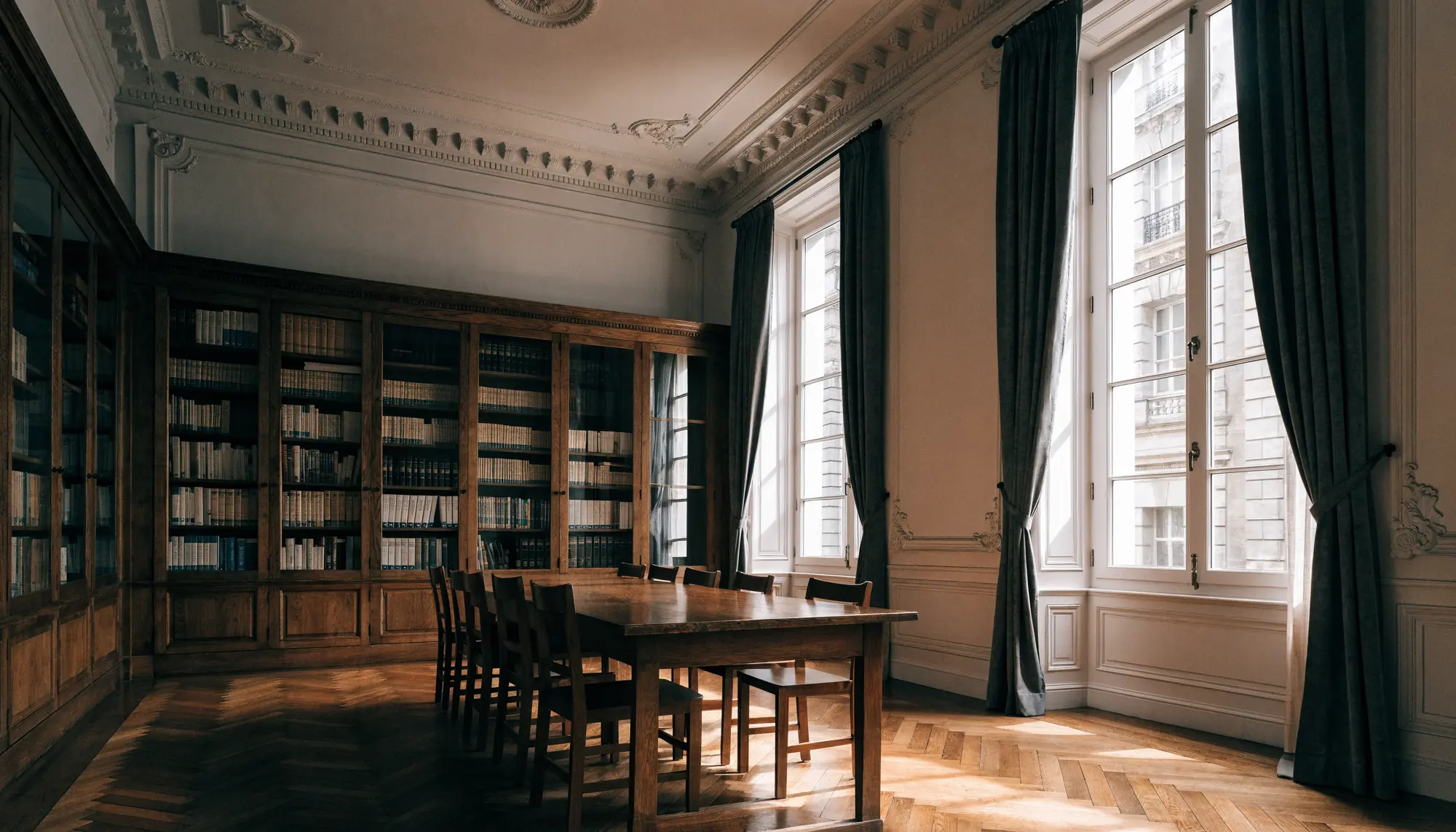 Vue intérieure d'un bureau en lumière naturelle : longue table de travail, bibliothèque murale et hautes fenêtres.
