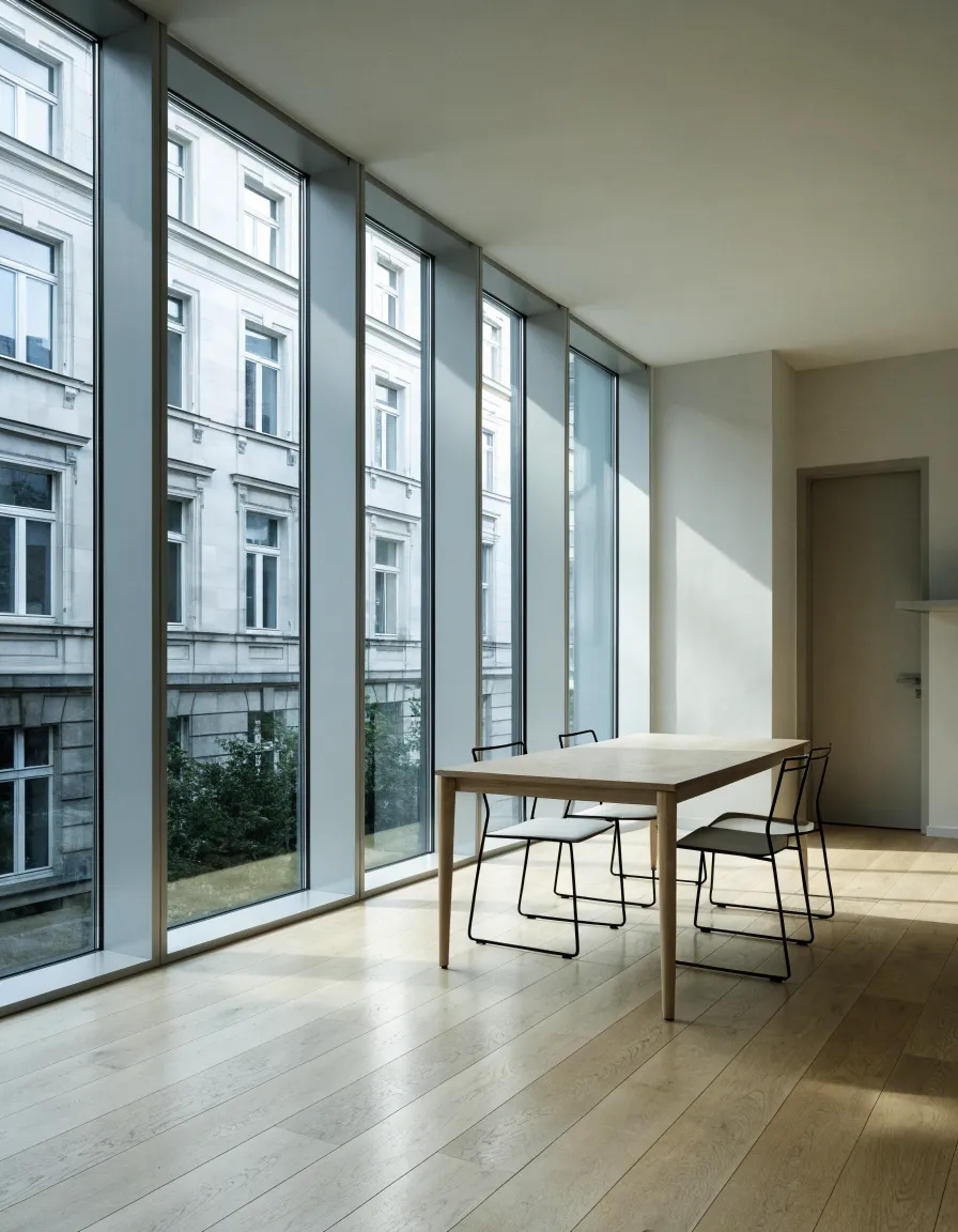 Vue intérieure d'un bureau en lumière naturelle, table de travail nue et cloison vitrée.